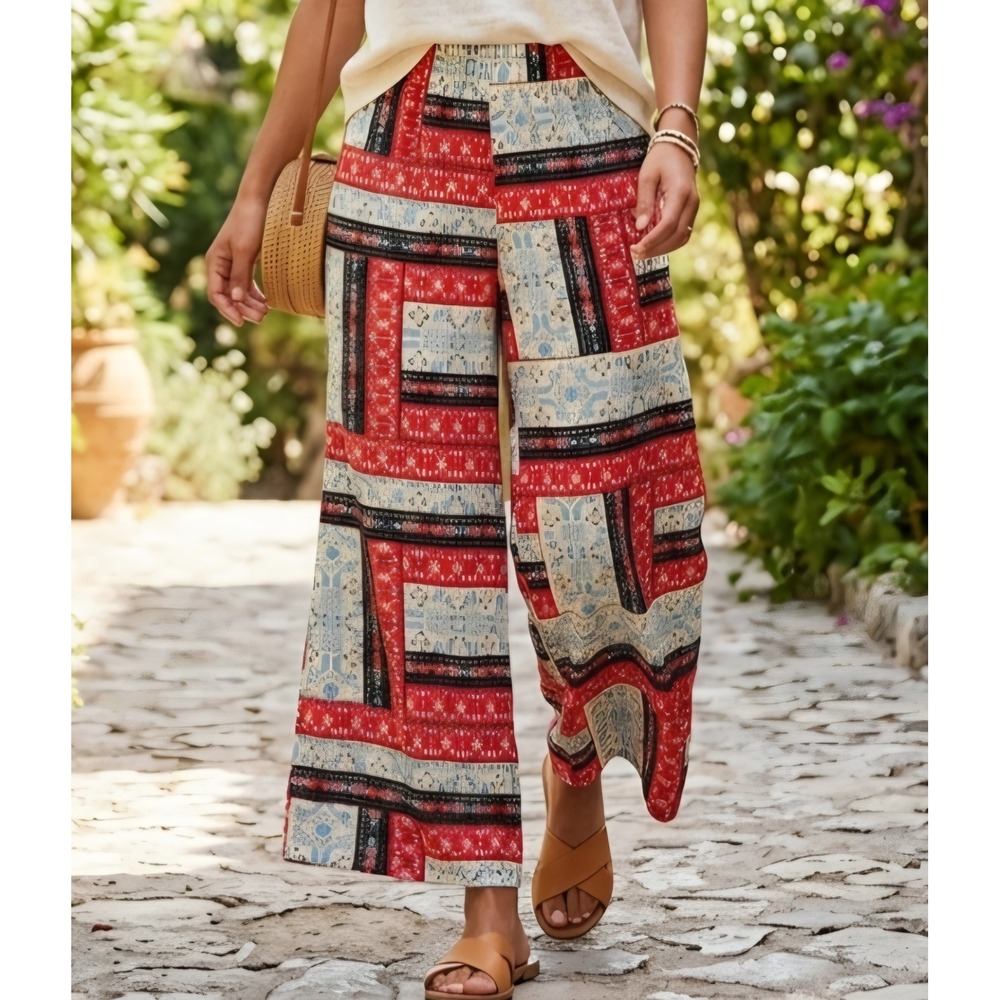Lily White Womens Red Blue Patchwork Print Wide Leg Palazzo Pants Size L Summer